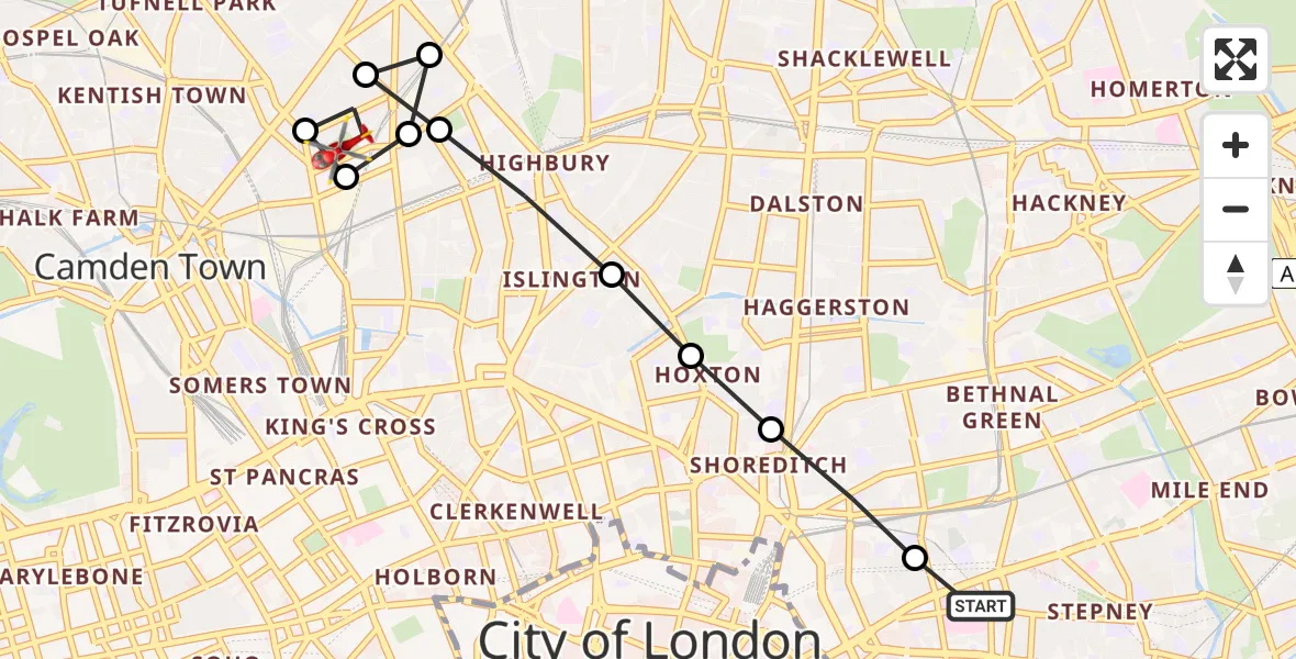 Flight route Air Ambulance Helicopter Royal London Hospital - Holloway, 19 August 2026, 09:37
