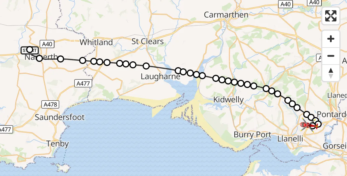 Flight route Air Ambulance Helicopter Narberth - Dafen, 19 August 2026, 09:39