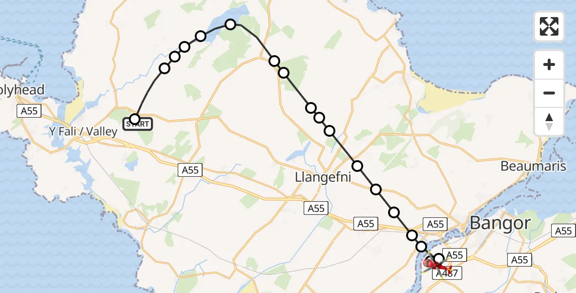 Flight route Air Ambulance Helicopter Holyhead - Pentir, 19 August 2026, 09:46