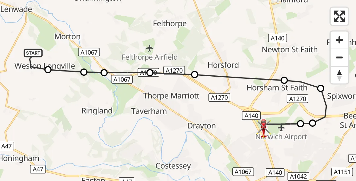 Flight route Air Ambulance Helicopter Weston Longville - Norwich Airport, 19 August 2026, 10:01