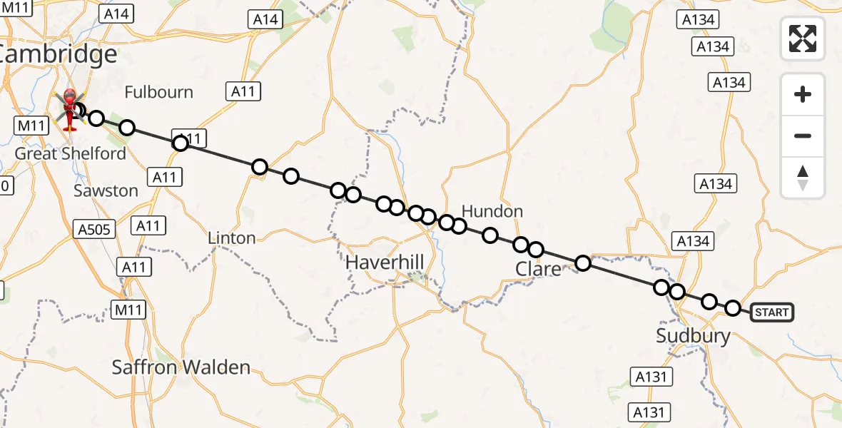 Flight route Air Ambulance Helicopter Great Waldingfield - Papworth Hospital, 19 August 2026, 10:07
