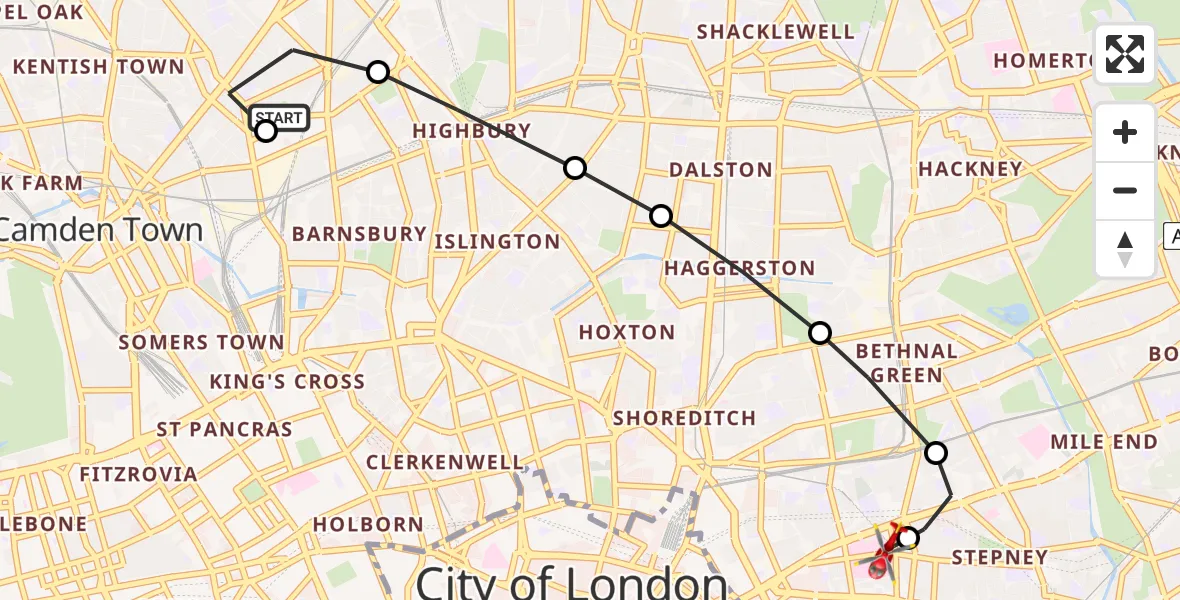 Flight route Air Ambulance Helicopter Holloway - Royal London Hospital, 19 August 2026, 10:10