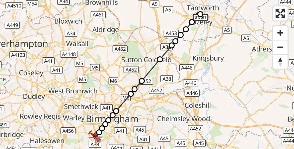 Flight route Air Ambulance Helicopter Tamworth - Metchley, 19 August 2026, 10:28