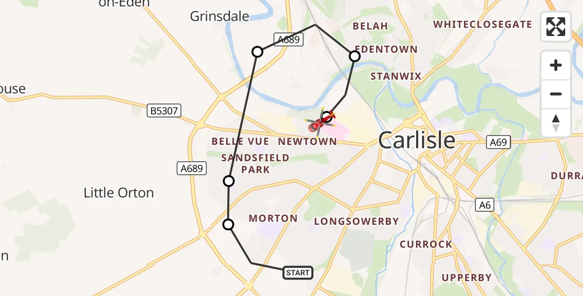 Flight route Air Ambulance Helicopter Carlisle - Carlisle General, 19 August 2026, 10:32