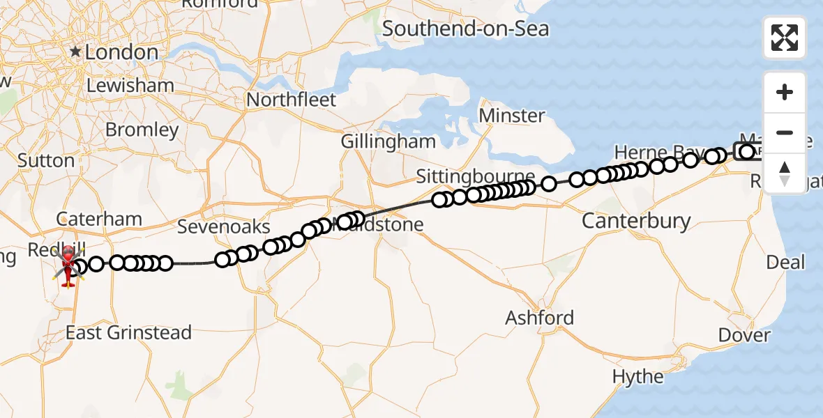 Flight route Air Ambulance Helicopter Westgate-on-Sea - Redhill Aerodrome, 19 August 2026, 10:39