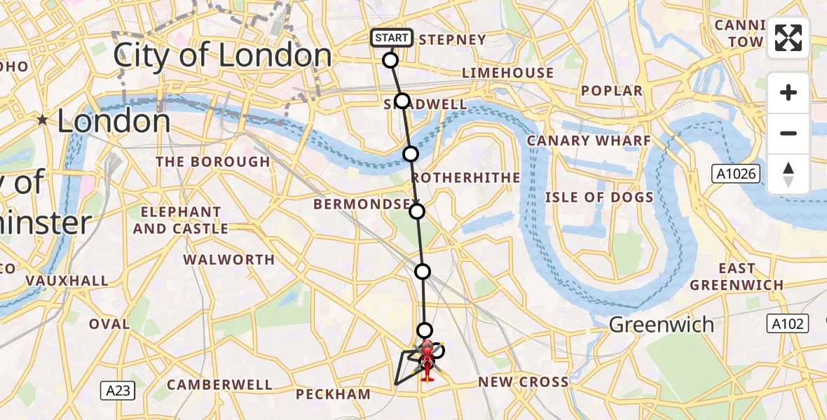 Flight route Air Ambulance Helicopter Royal London Hospital - Peckham, 19 August 2026, 10:41