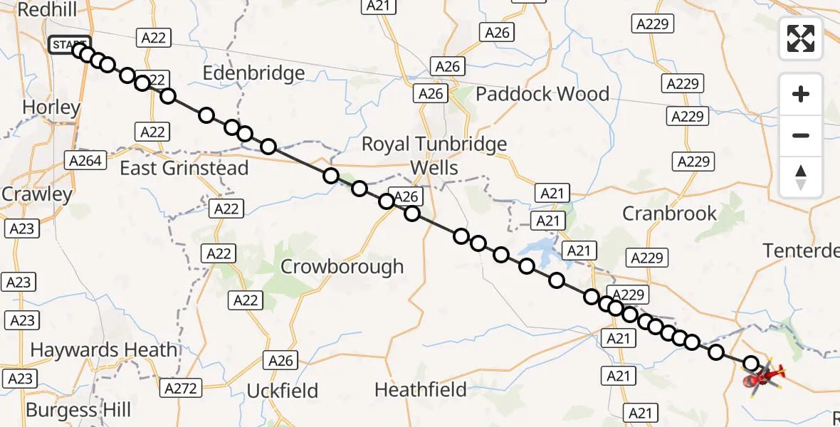 Flight route Air Ambulance Helicopter Redhill Aerodrome - Beckley, 19 August 2026, 11:01