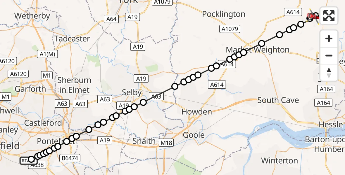 Flight route Air Ambulance Helicopter YAA Nostell Helicopter Port - Kilnwick, 19 August 2026, 11:11