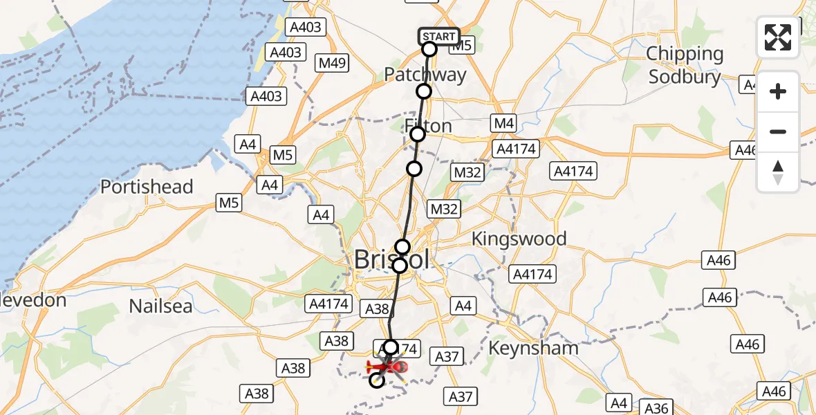Flight route Air Ambulance Helicopter Almondsbury Helicopter Base - Bristol, 19 August 2026, 11:13
