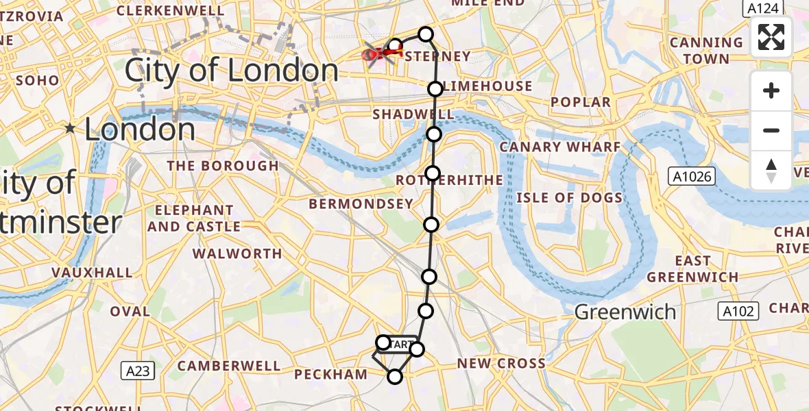 Flight route Air Ambulance Helicopter Peckham - Royal London Hospital, 19 August 2026, 11:15