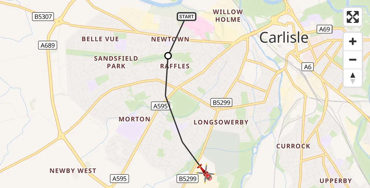 Flight route Air Ambulance Helicopter Carlisle General - Blackwell, 19 August 2026, 11:17