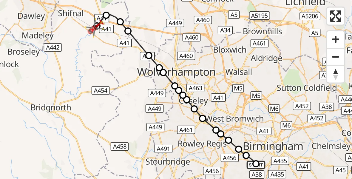 Flight route Air Ambulance Helicopter Queen Elizabeth Hospital Helipad - Cosford, 19 August 2026, 11:24