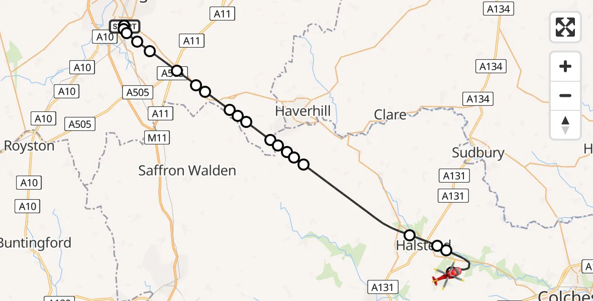 Flight route Air Ambulance Helicopter Papworth Hospital - Earls Colne Airfield, 19 August 2026, 11:28