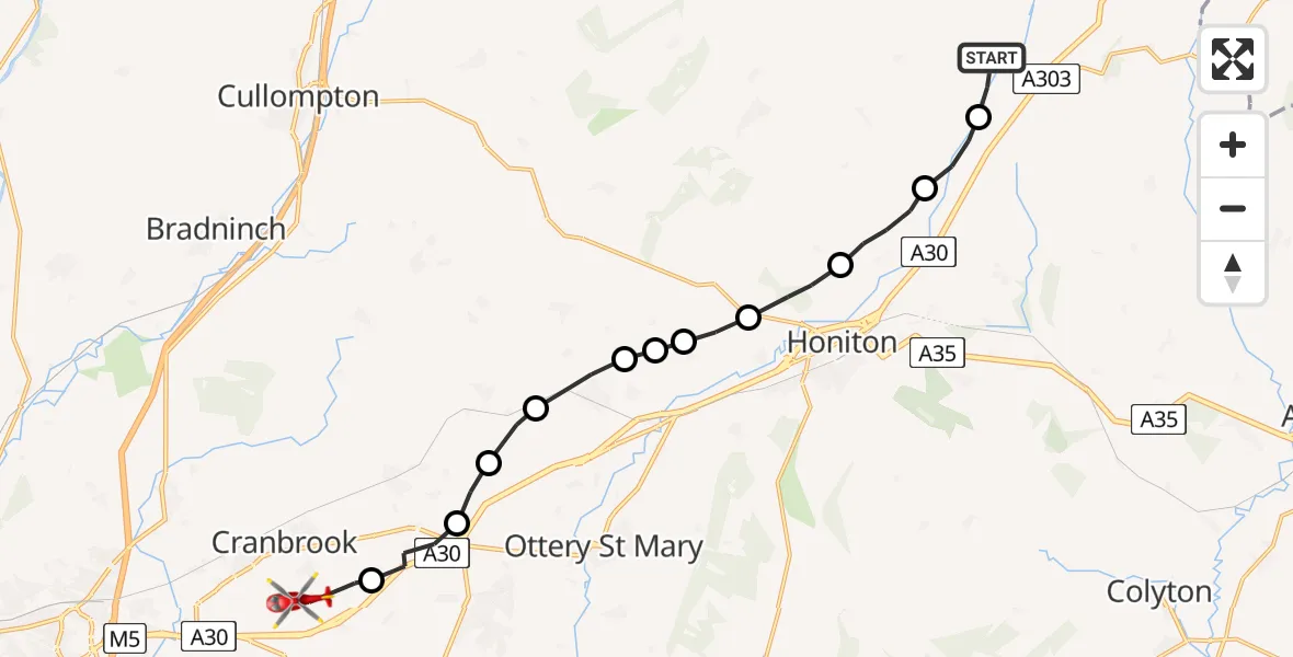 Flight route Air Ambulance Helicopter Upottery - Rockbeare, 19 August 2026, 11:30
