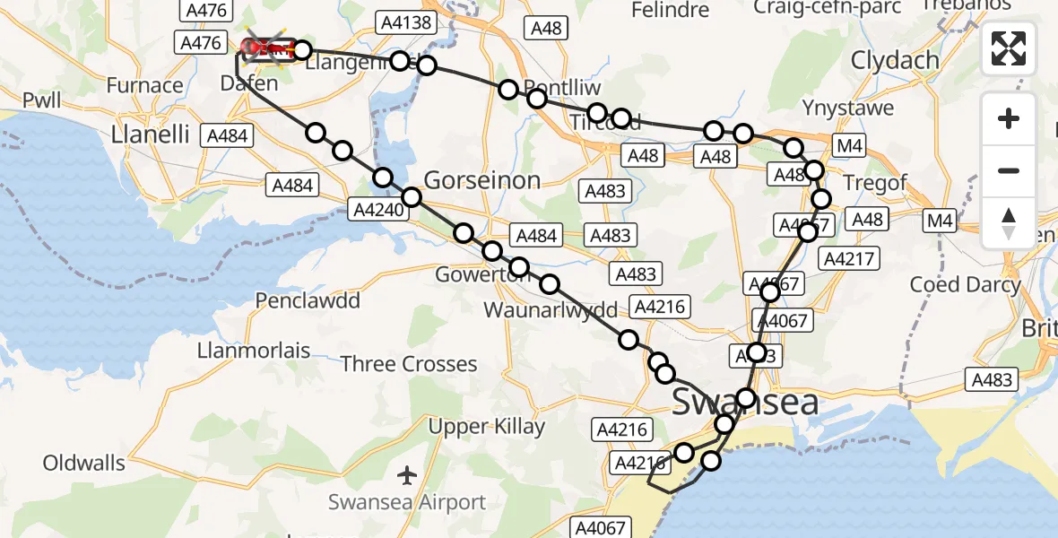 Flight route Air Ambulance Helicopter Dafen - Dafen, 19 August 2026, 11:31