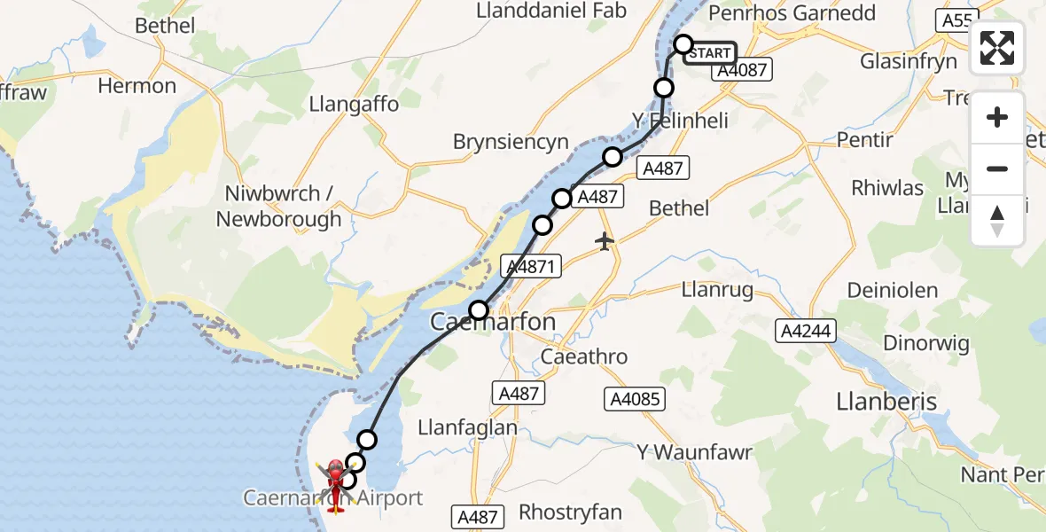 Flight route Air Ambulance Helicopter Aber Pwll - Caernarfon Airport, 19 August 2026, 11:37