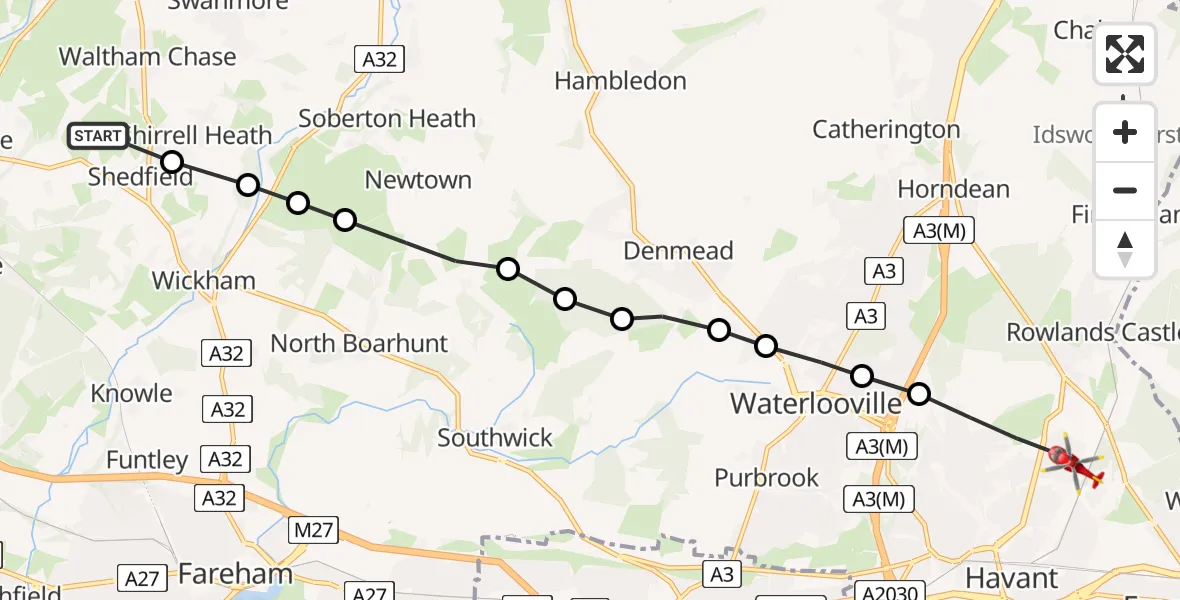 Flight route Air Ambulance Helicopter Shedfield - Havant, 19 August 2026, 12:00
