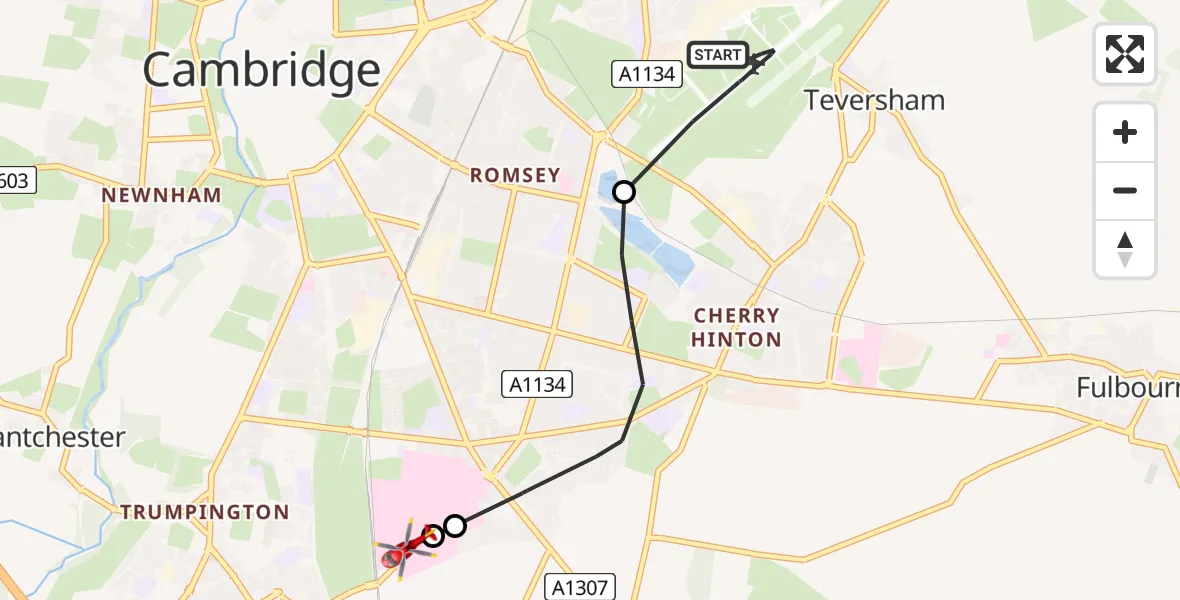 Flight route Air Ambulance Helicopter Cambridge City Airport - Papworth Hospital, 19 August 2026, 12:00