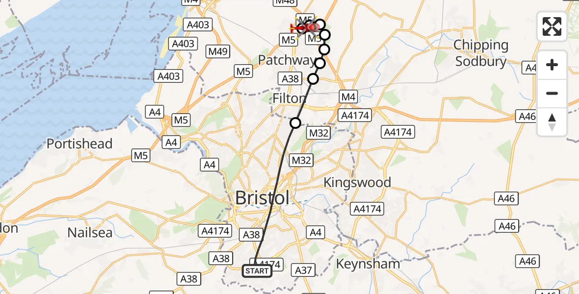 Flight route Air Ambulance Helicopter Bristol - Almondsbury Helicopter Base, 19 August 2026, 12:04