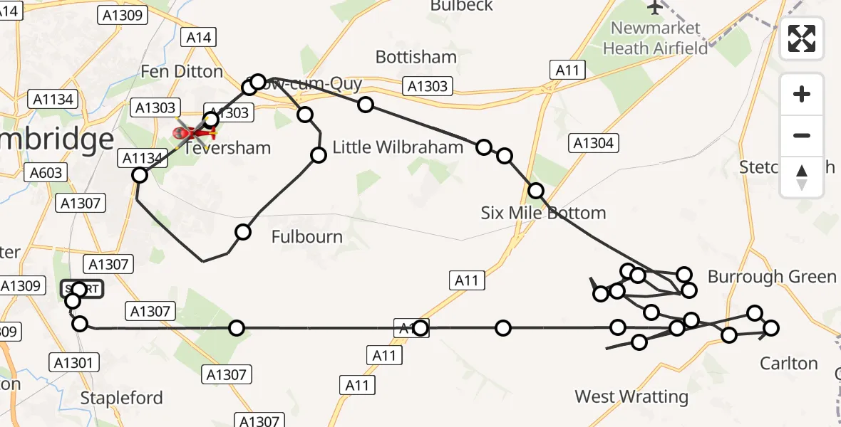 Flight route Air Ambulance Helicopter Papworth Hospital - Cambridge City Airport, 19 August 2026, 12:21