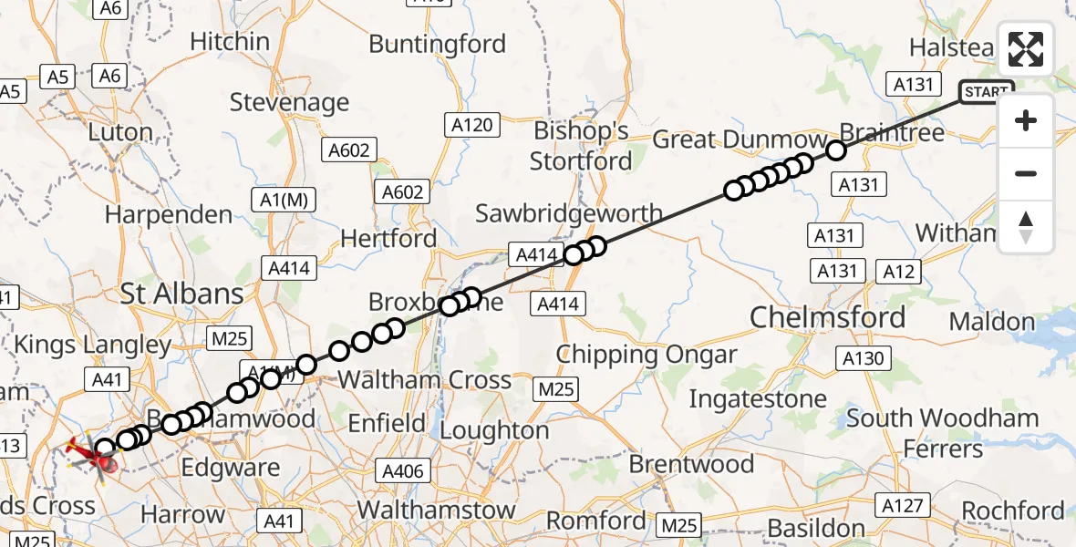 Flight route Air Ambulance Helicopter Braintree - Rickmansworth, 19 August 2026, 12:22