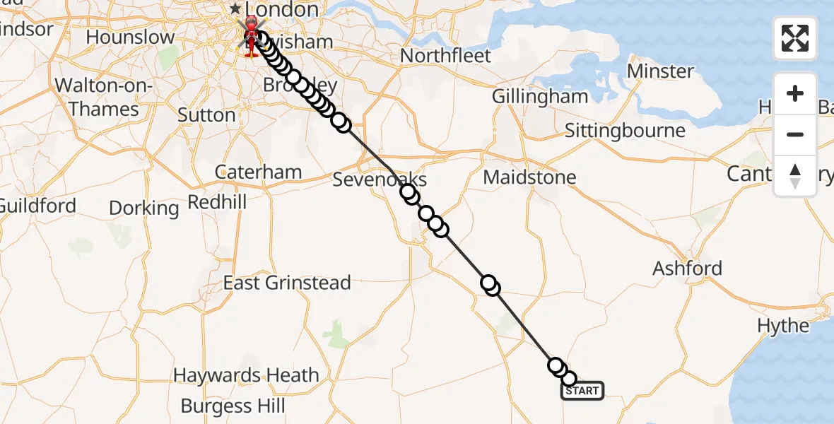 Flight route Air Ambulance Helicopter Beckley - Kings College London Hospital, 19 August 2026, 12:26