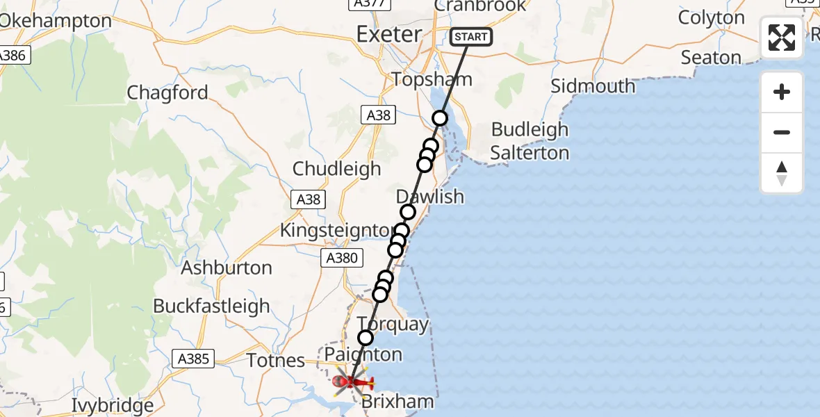 Flight route Air Ambulance Helicopter East Devon - Paignton, 19 August 2026, 12:32