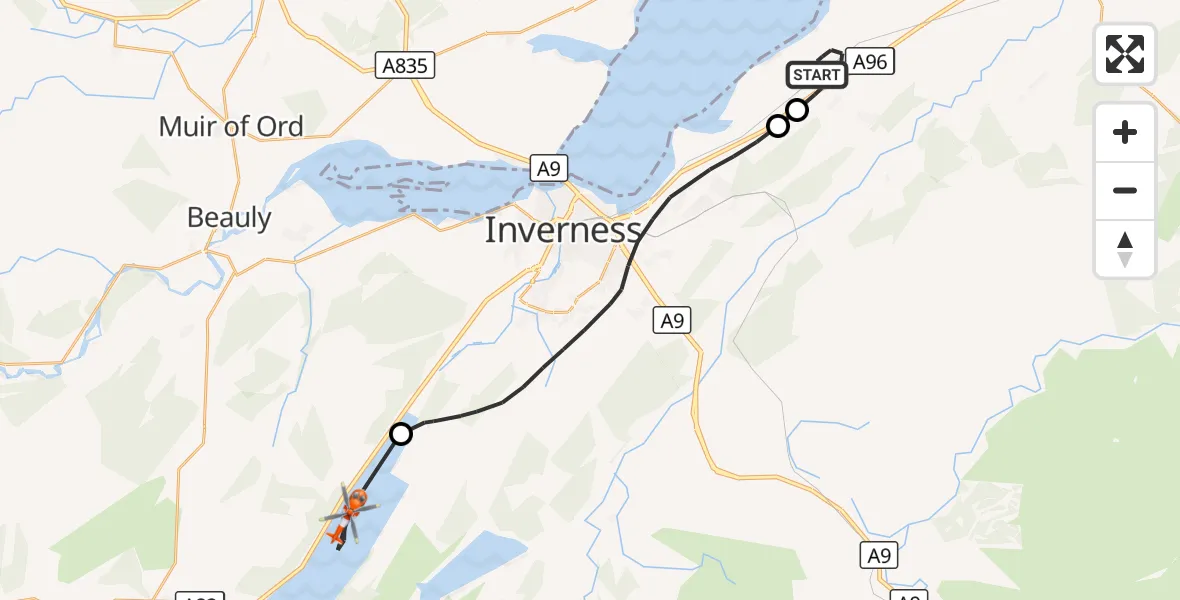 Flight route Coastguard Helicopter Inverness Airport - Loch Ness, 19 August 2026, 12:40