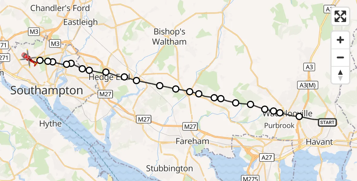 Flight route Air Ambulance Helicopter Havant - Upper Shirley, 19 August 2026, 12:47