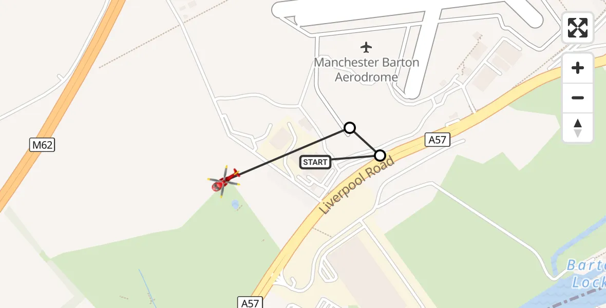 Flight route Air Ambulance Helicopter Manchester Barton Aerodrome - Irlam, 19 August 2026, 12:52