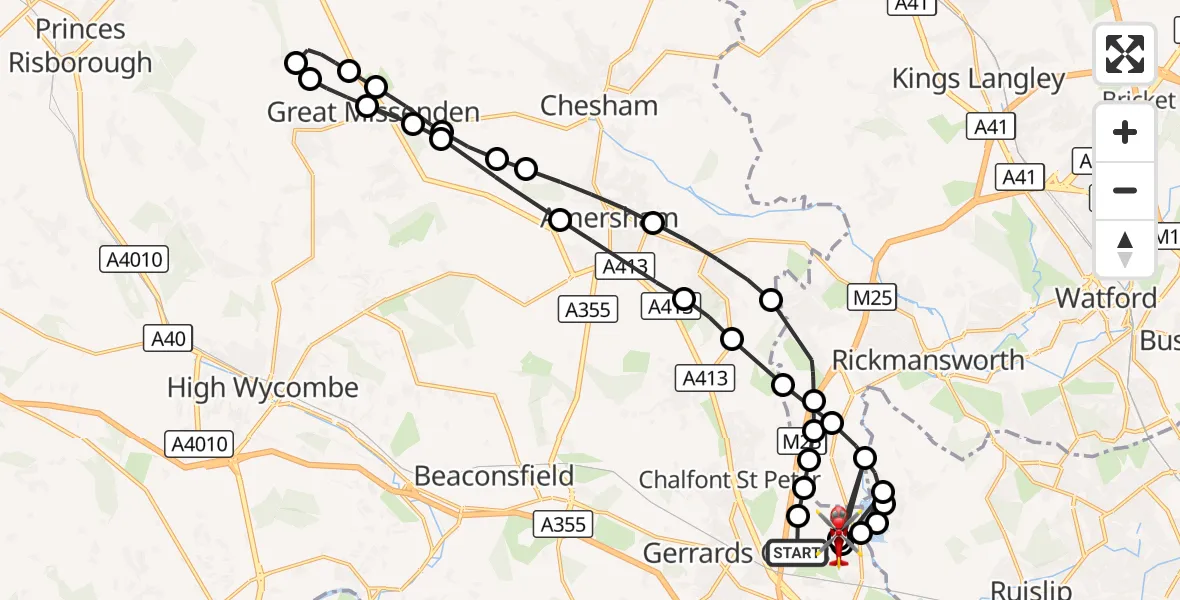 Flight route Air Ambulance Helicopter Gerrards Cross - Denham Aerodrome, 19 August 2026, 13:01