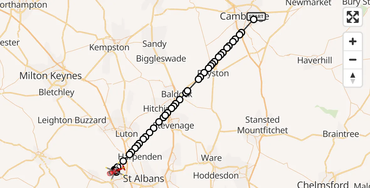 Flight route Air Ambulance Helicopter Cambridge City Airport - Old Town, 19 August 2026, 13:05