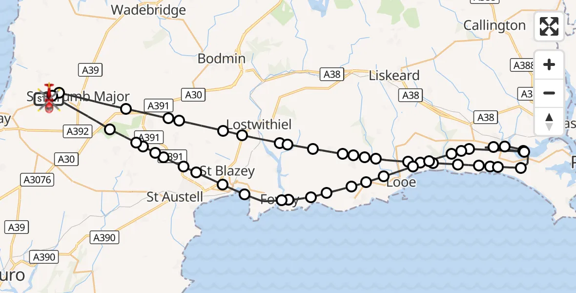 Flight route Air Ambulance Helicopter Cornwall Airport Newquay - Cornwall Airport Newquay, 19 August 2026, 13:19