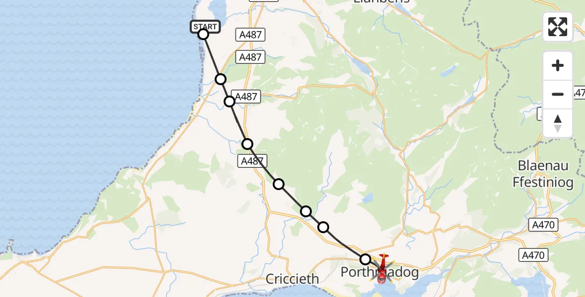 Flight route Air Ambulance Helicopter Caernarfon Airport - Porthmadog, 19 August 2026, 13:19