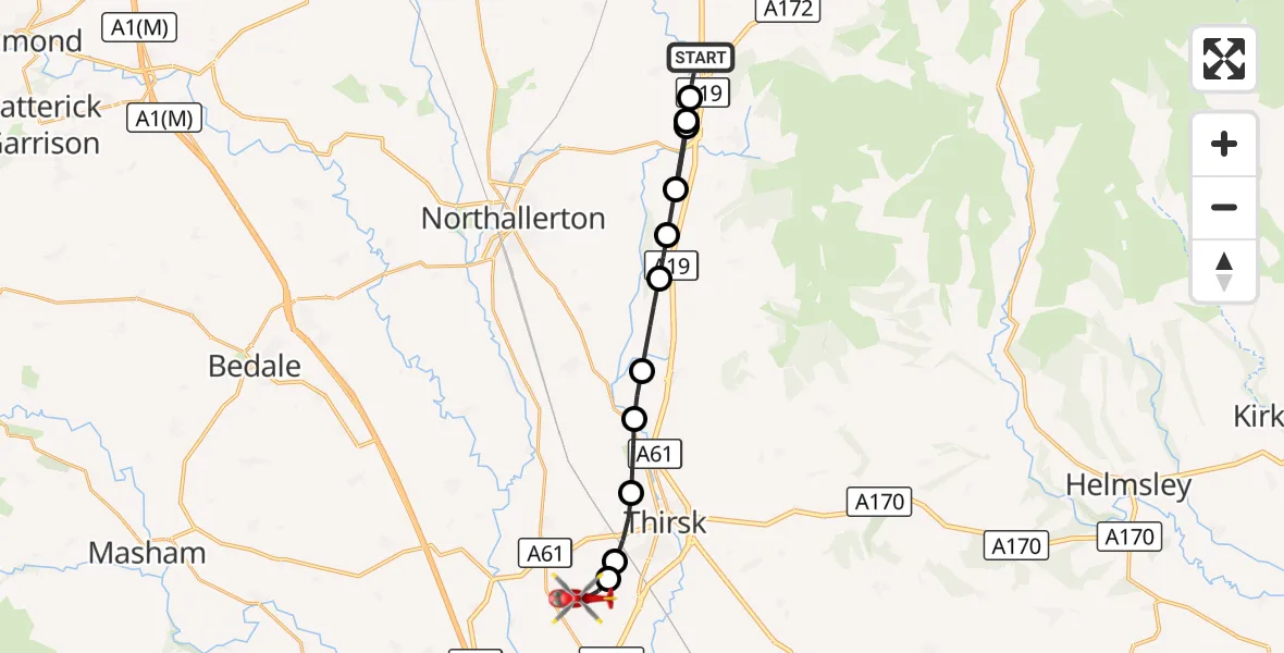 Flight route Air Ambulance Helicopter Ingleby Cross - RAF Topcliffe, 19 August 2026, 13:31