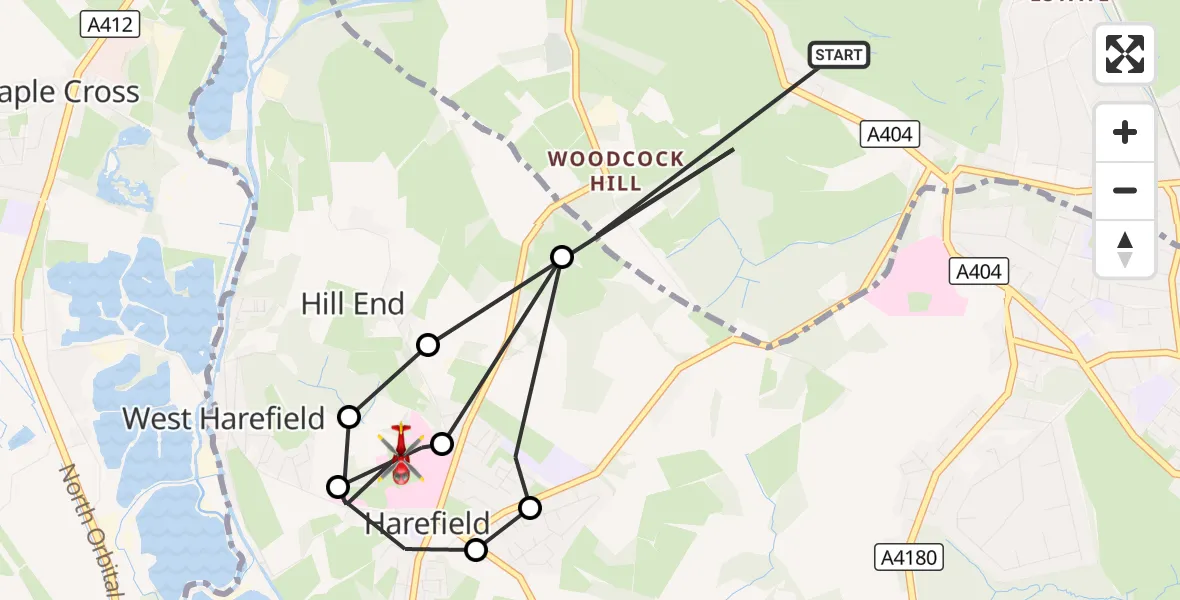 Flight route Air Ambulance Helicopter Rickmansworth - Harefield Hospital, 19 August 2026, 13:33