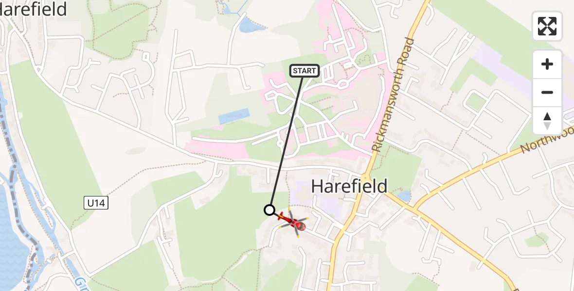 Flight route Air Ambulance Helicopter Harefield Hospital - Harefield Hospital Heliport, 19 August 2026, 13:42