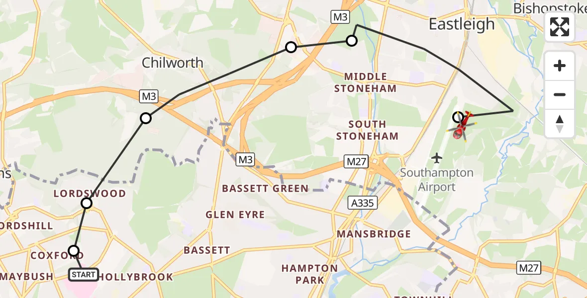 Flight route Air Ambulance Helicopter University Hospital Southampton - Southampton Airport, 19 August 2026, 13:47