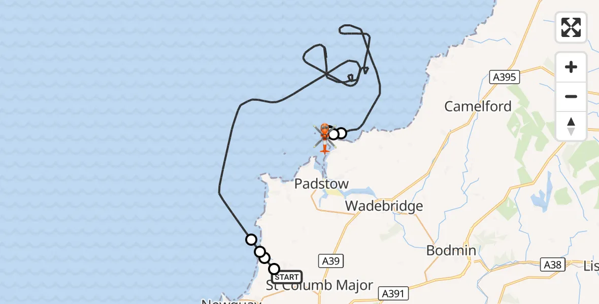 Flight route Coastguard Helicopter Cornwall Airport Newquay - New Polzeath, 19 August 2026, 13:49