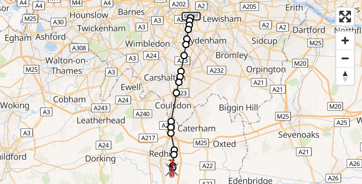 Flight route Air Ambulance Helicopter Kings College London Hospital - Redhill Aerodrome, 19 August 2026, 13:55