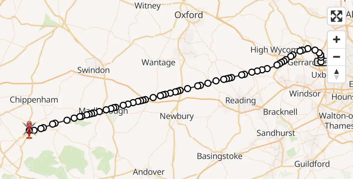 Flight route Air Ambulance Helicopter Denham Aerodrome - Wiltshire Air Ambulance, 19 August 2026, 13:56