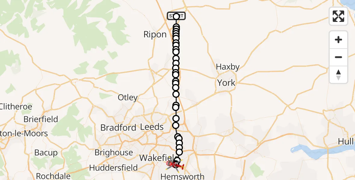 Flight route Air Ambulance Helicopter RAF Topcliffe - YAA Nostell Helicopter Port, 19 August 2026, 14:07