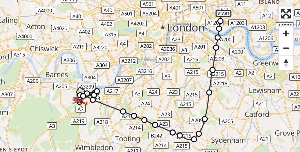 Flight route Air Ambulance Helicopter Royal London Hospital - Putney, 19 August 2026, 14:11