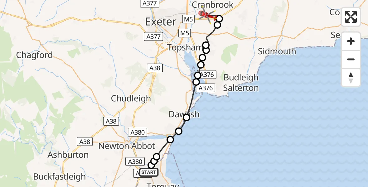 Flight route Air Ambulance Helicopter Torquay - Exeter International Airport, 19 August 2026, 14:19