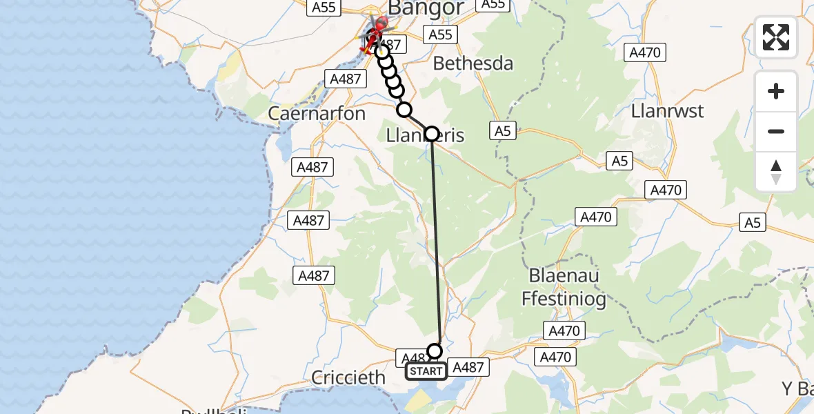Flight route Air Ambulance Helicopter Porthmadog - Pentir, 19 August 2026, 14:21