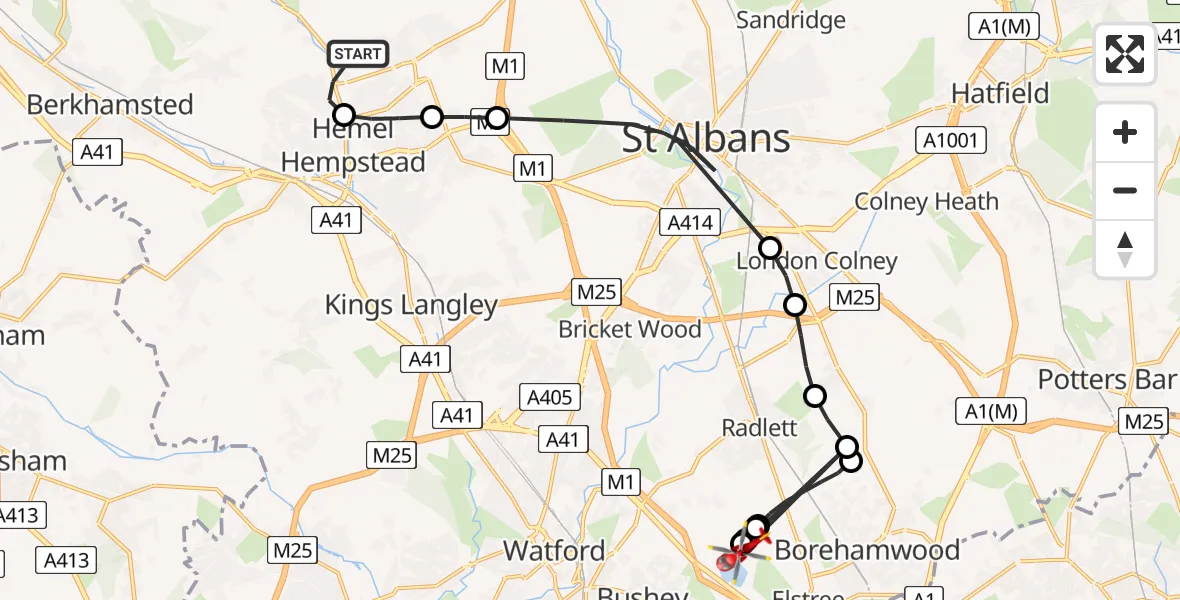 Flight route Air Ambulance Helicopter Piccotts End - Elstree Airfield, 19 August 2026, 14:26