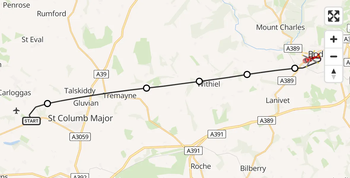 Flight route Air Ambulance Helicopter Cornwall Airport Newquay - Bodmin, 19 August 2026, 14:32