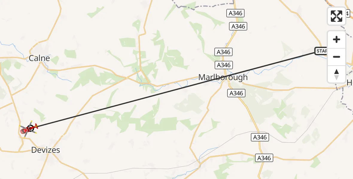 Flight route Air Ambulance Helicopter Ramsbury - Rowde, 19 August 2026, 14:35