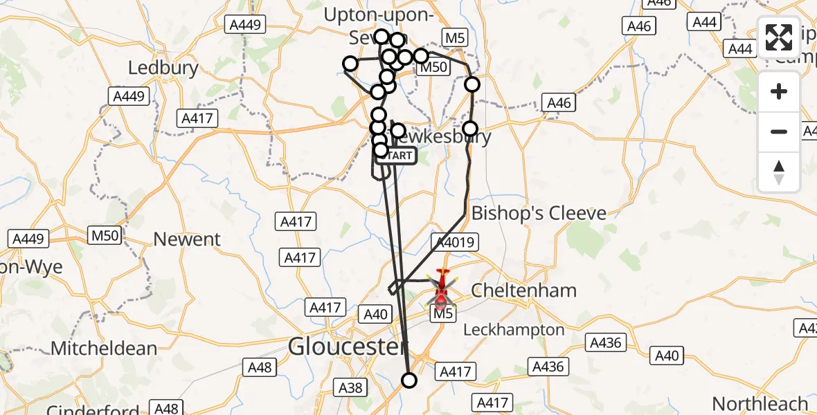 Flight route Air Ambulance Helicopter Tewkesbury - Tewkesbury, 19 August 2026, 14:37