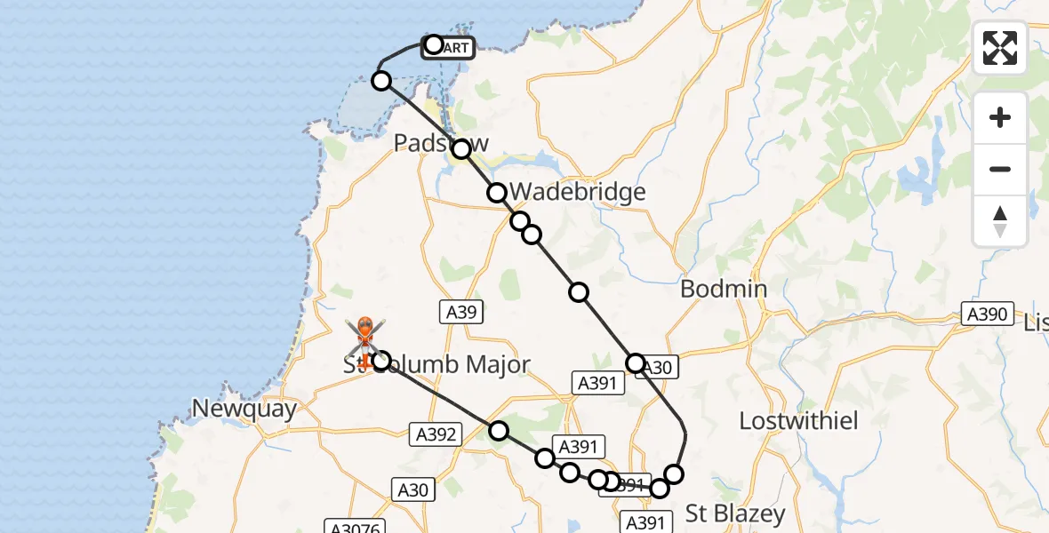 Flight route Coastguard Helicopter New Polzeath - Cornwall Airport Newquay, 19 August 2026, 14:40